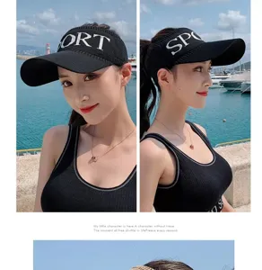 Vista detallada del sombrero de visera de sol de punto para mujer, gorra deportiva transpirable.
