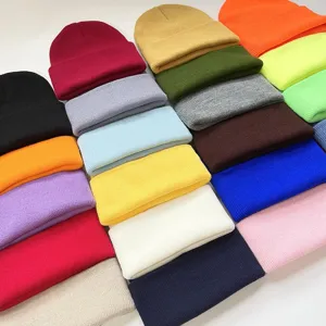 Colorful solid knit beanie hats detail display, comfortable warm winter skull caps for adults.