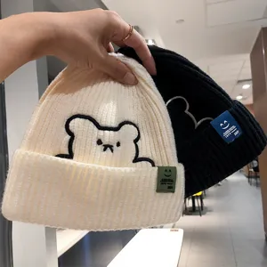 Winter cute bear embroidery knitted beanie hat casual warm soft skull cap for women detail view