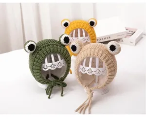 Infant cute frog knitted hat plush-lined warm winter hat for baby boys and girls with ties