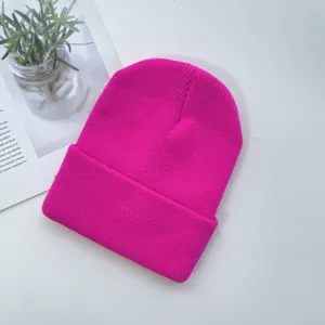 Kids bright pink knitted beanie hat autumn winter warm solid color casual woolen hat 1pc
