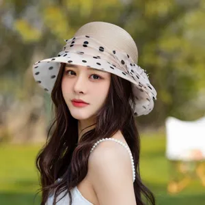 Women summer breathable straw hat with black polka dot mesh bow sun protection fishing hat