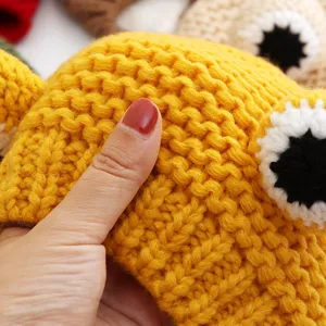 Cute toddler yellow knitted frog beanie winter warm thick fleece lined cute cartoon hat