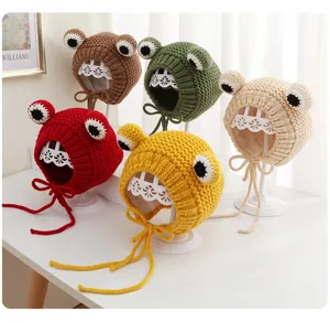 Cute baby knitted frog hat with plush lining, cute animal winter warm earflap beanie cap.