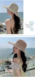 French lace bow straw sun hat women wide brim beach summer vacation sun protection hat