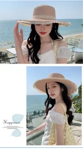 Detailed view of women's French lace straw sun hat, perfect for summer beach vacation.
