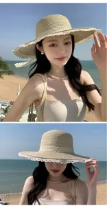2025 new summer straw hat for women french lace bow beach sunhat large brim woven hat