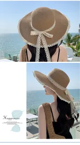 Detail shot of a women's straw sun hat with lace bow, perfect for beach summer vacation.