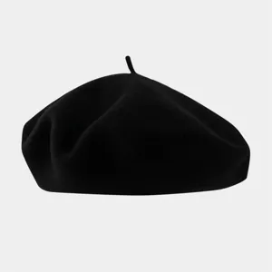 Close-up detail of the classic black wool beret, showing soft texture and neat stitching.