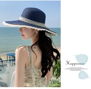Women's French Style Lace Bow Straw Hat Summer Beach Wide Brim Sun Protection Hat