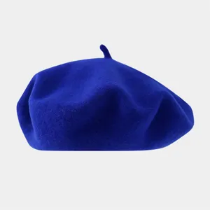 Classic solid blue wool beret for women, retro artistic painter hat, soft winter warm cap.