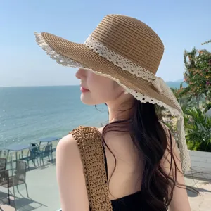 Women straw sun hat with elegant lace bow wide brim summer beach vacation sun protection hat