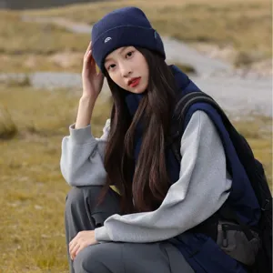Korean style winter knitted beanie hat with mountain embroidery, warm outdoor slouchy cap.
