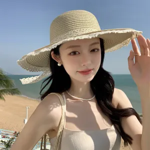 Women's French style lace bow straw sun hat, large brim beach vacation summer sun protection hat.