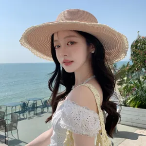 Women straw hat summer beach vacation lace bow wide brim sun protection hat stylish sunhat