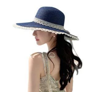 Women summer straw hat wide brim French lace bow sun protection beach vacation sunhat navy blue