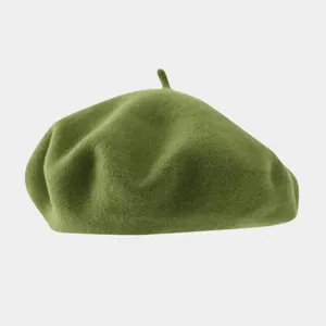 Olive green wool beret detail shot, showing soft texture and classic painter hat design.