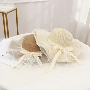 Women's Sun Hat Summer Beach Wide Brim Straw Hat With Mesh Lace Ribbon