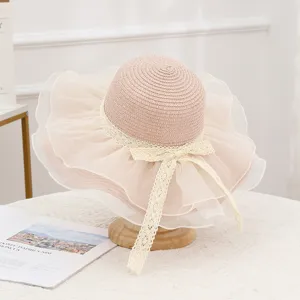 Women straw hat mesh lace ribbon sunhat sweet cute beach uv protection sun hat detail view