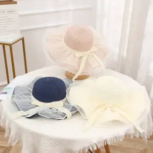 Women straw sun hat with mesh lace ribbon sweet cute beach anti-uv cap summer fashion headwear
