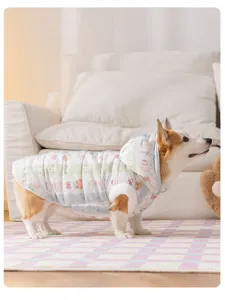Gevoerde winter hondenvest met capuchon voor Corgi, schattige bloemen beer patroon huisdier kleding.