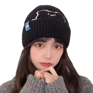 Winter cute bear embroidery knit hat for women, casual warm black pullover beanie with patch.