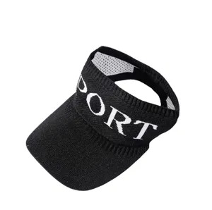 Visera de sol tejida negra para mujer, gorra deportiva de malla transpirable con texto blanco.