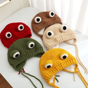 Baby Frog Knit Hat Cute Cartoon Big Eyes Plush Lined Warm Winter Beanie Infant Toddler Earflap Windproof Pullover Cap