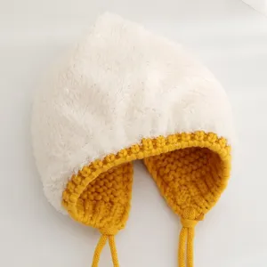 Cute baby plush earflap beanie hat warm winter knit cap with braided ties for toddlers kids