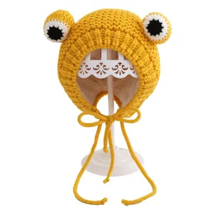 Cute infant big eyed frog fleece lined knitted hat toddler winter warm beanie cap kids