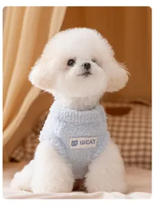 Close-up detail of cute pet dog wearing soft fluffy blue sleeveless winter sweater.