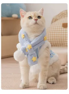 Primo piano di un gatto carino con sciarpa blu stellata e caldo gilet invernale.