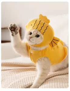 Süße Katze mit gelber Fischmütze und weicher Weste, charmantes Haustierbekleidung Detail.