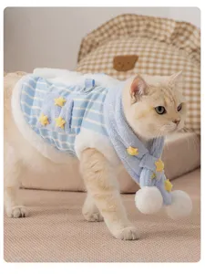 Inverno caldo gatto gilet sciarpa set blu a righe vestiti per animali stelle carine
