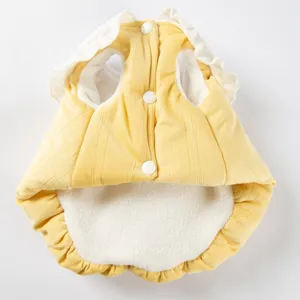 Yellow corduroy pet dog coat detail, warm fleece lining and cute ruffled collar design.
