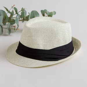 Classic straw fedora hat for summer sun protection with black ribbon band main product view