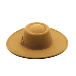 French elegant wide brim felt hat autumn winter vintage flat top jazz cap with ribbon bow.