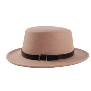 Cappello piatto vintage in feltro di lana per uomo e donna, autunno inverno tesa corta con cintura.