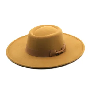 Classic wool felt fedora hat with elegant bow, wide brim winter dome hat for women and men.