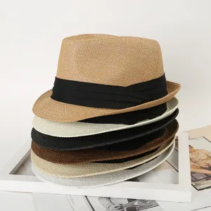 Classic straw fedora hat for men and women, breathable summer beach sun hat with black band.