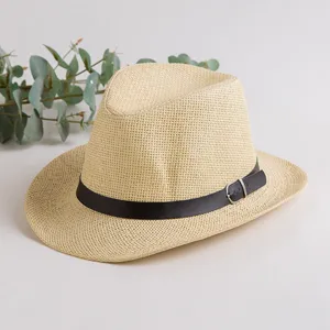 Summer straw fedora hat for men, wide brim sun protection cowboy cap with belt buckle.
