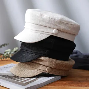 Women cotton linen flat top cap minimalist solid color sailor newsboy hat casual sun visor