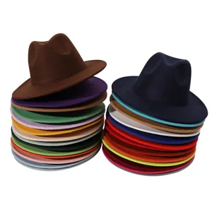 Unisex thickened solid color wool felt fedora hat with 7cm flat brim for autumn and winter.
