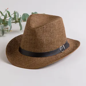Men's summer straw western cowboy hat wide brim breathable sun protection fedora beach cap
