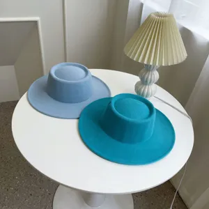Elegante sombrero Fedora de lana con parte superior plana y ala ancha de 8 cm, gorro de invierno liso.