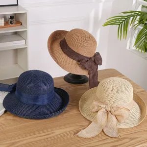 Women Wide Brim Straw Hat Summer Beach Sun Hat Bowknot Ribbon Foldable Sun Protection Vacation Woven Hat