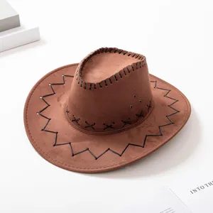 Brown faux suede western cowboy hat for men and women, vintage outdoor sun protection beach cap.