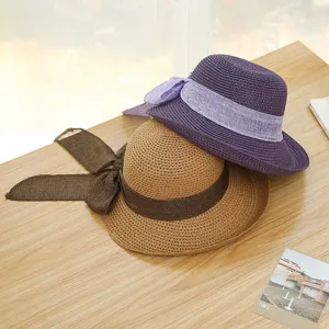 Summer women straw sun hat with elegant big bow, wide brim roll edge beach sun hat