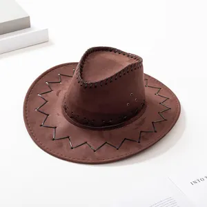 Retro brown western cowboy hat with decorative black stitching and suede fabric for sun.