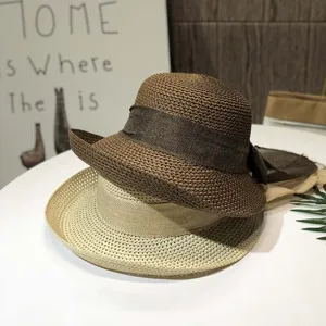 Summer straw hat for women, wide brim beach sun hat with bow, casual floppy roll up sun hat.
